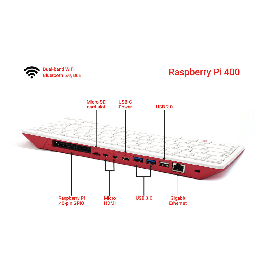 PepperTech Digital Raspberry Pi 400 Computer and Mouse Value Pack (U.S. Layout - Red/White)